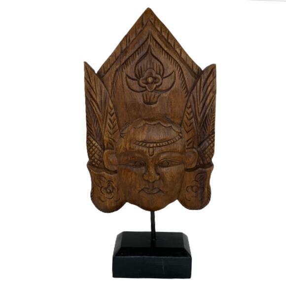 Vintage Wood Hand Carved Feather Flower Bust Head Mask Wood Base - Picture 1 of 9